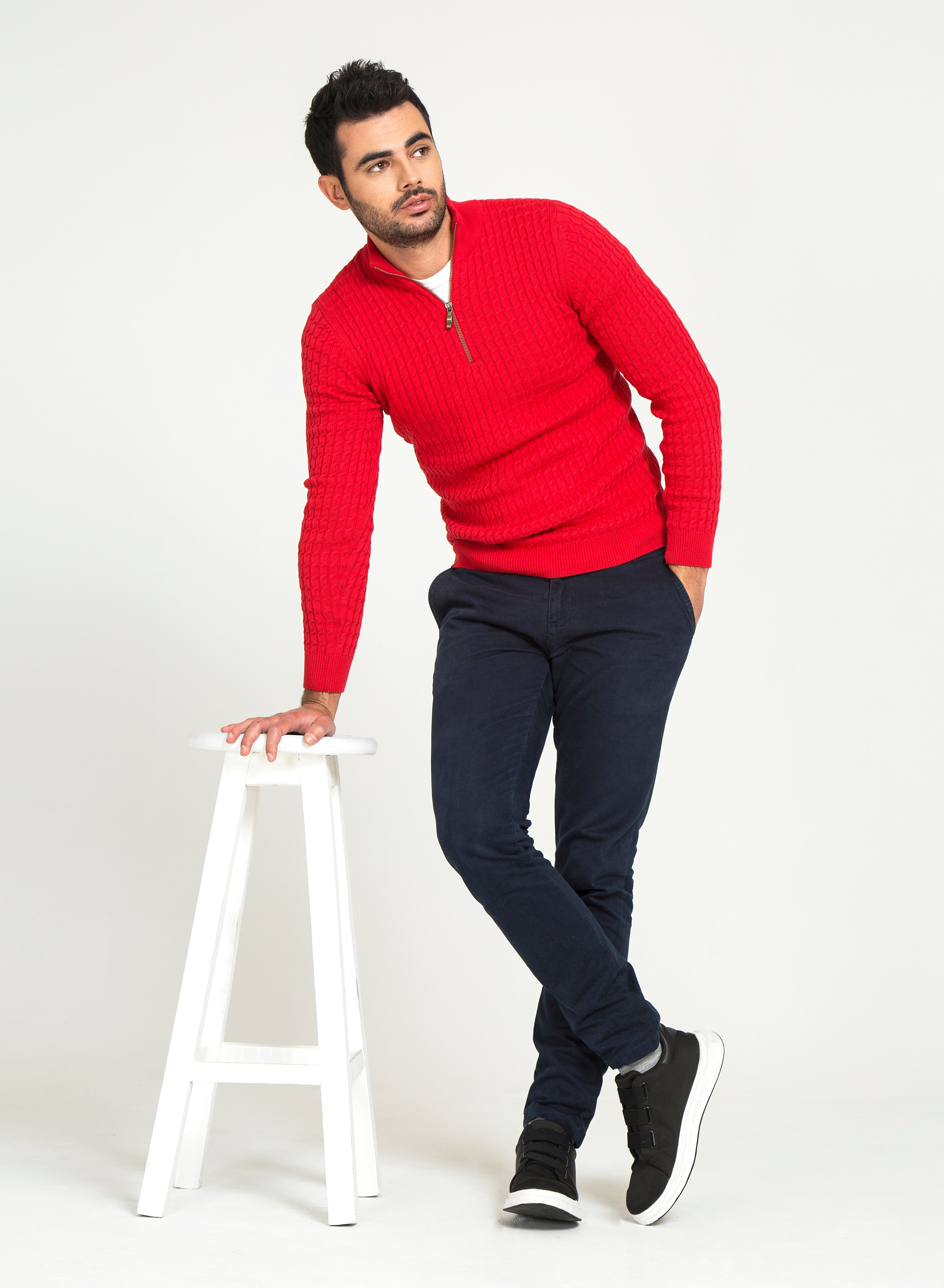 Saco Trenzado Half Zip Algodón Rojo